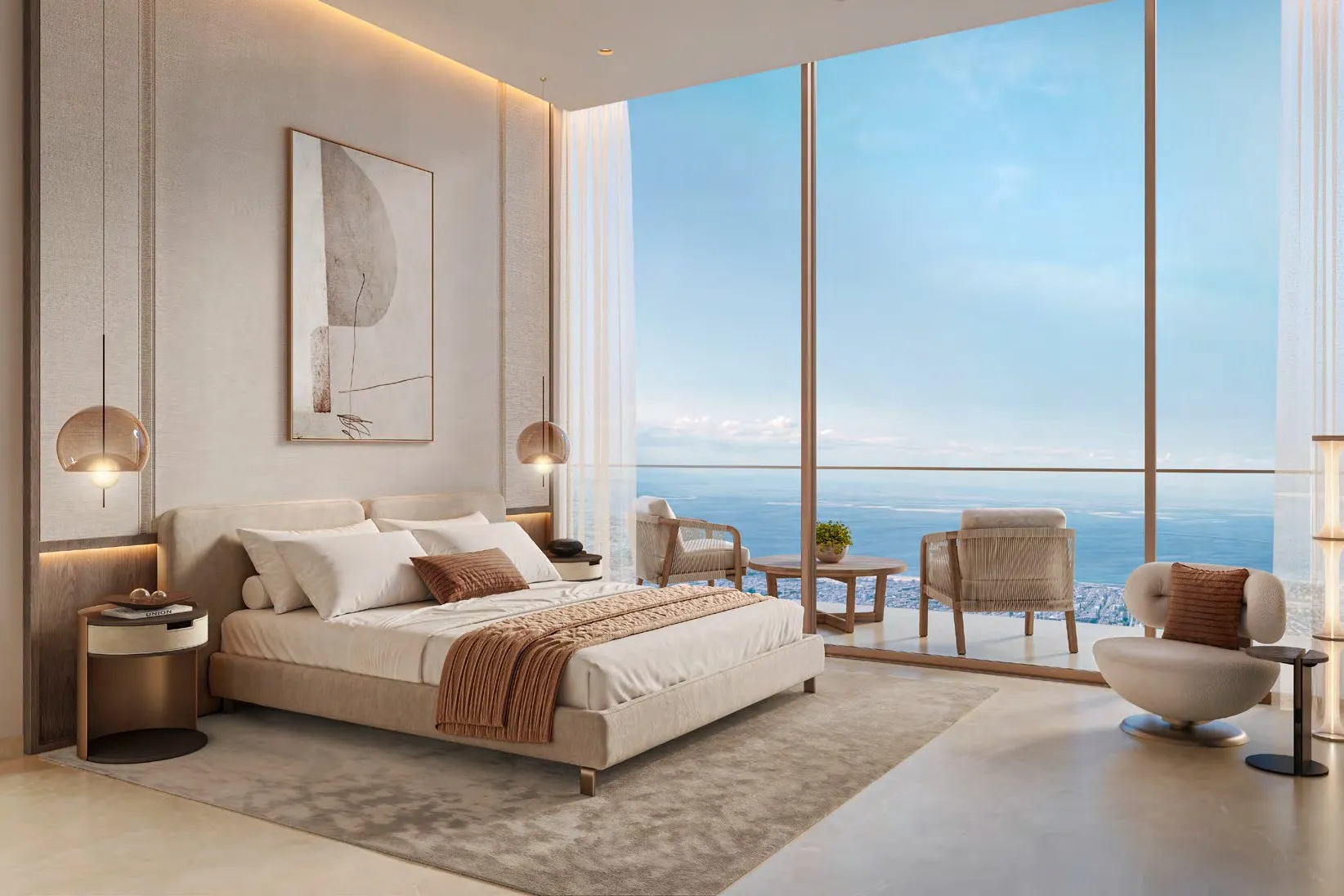 Bedroom with full-height glass opening onto a balcony above the sea