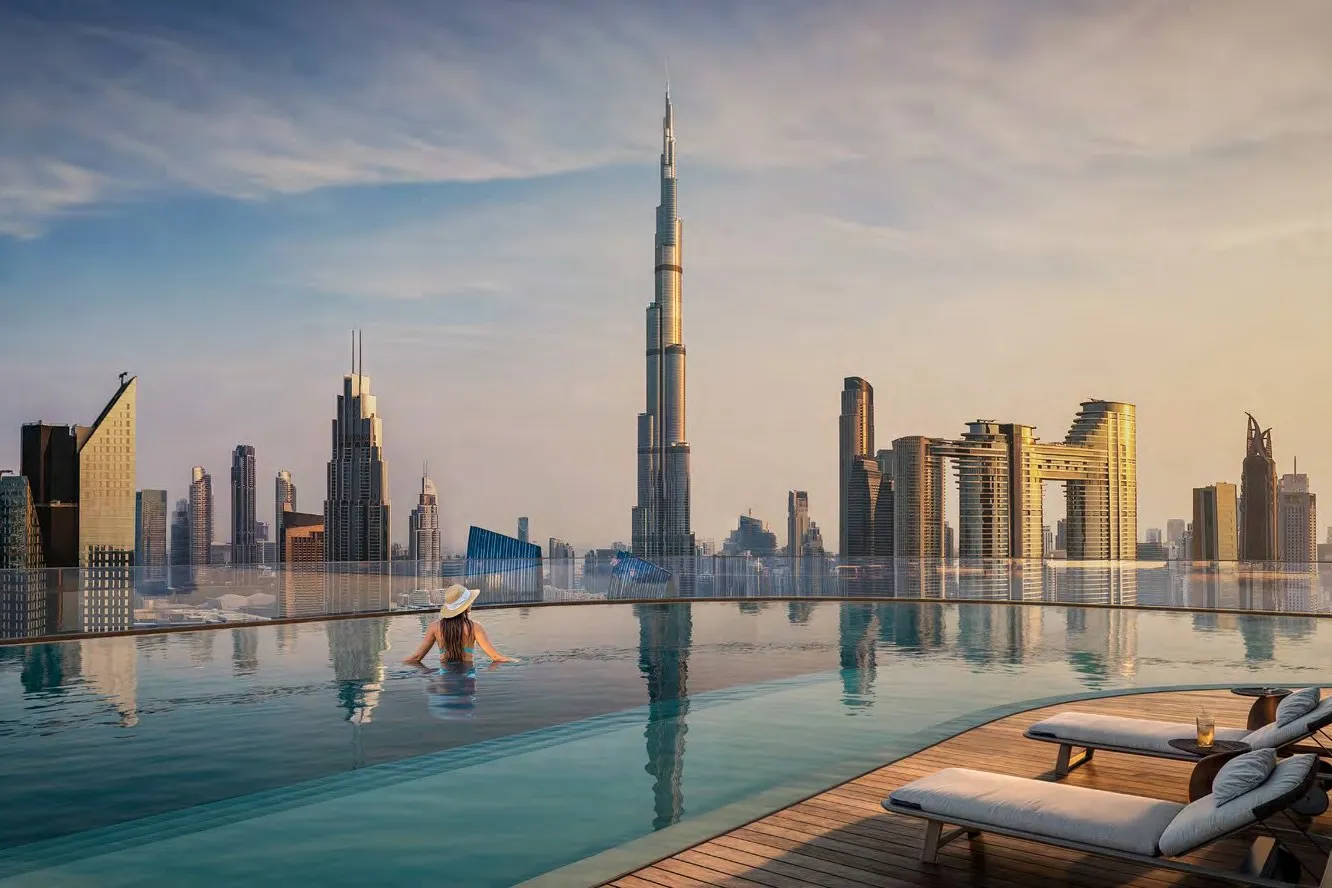 Rooftop infinity pool with sun loungers facing Burj Khalifa