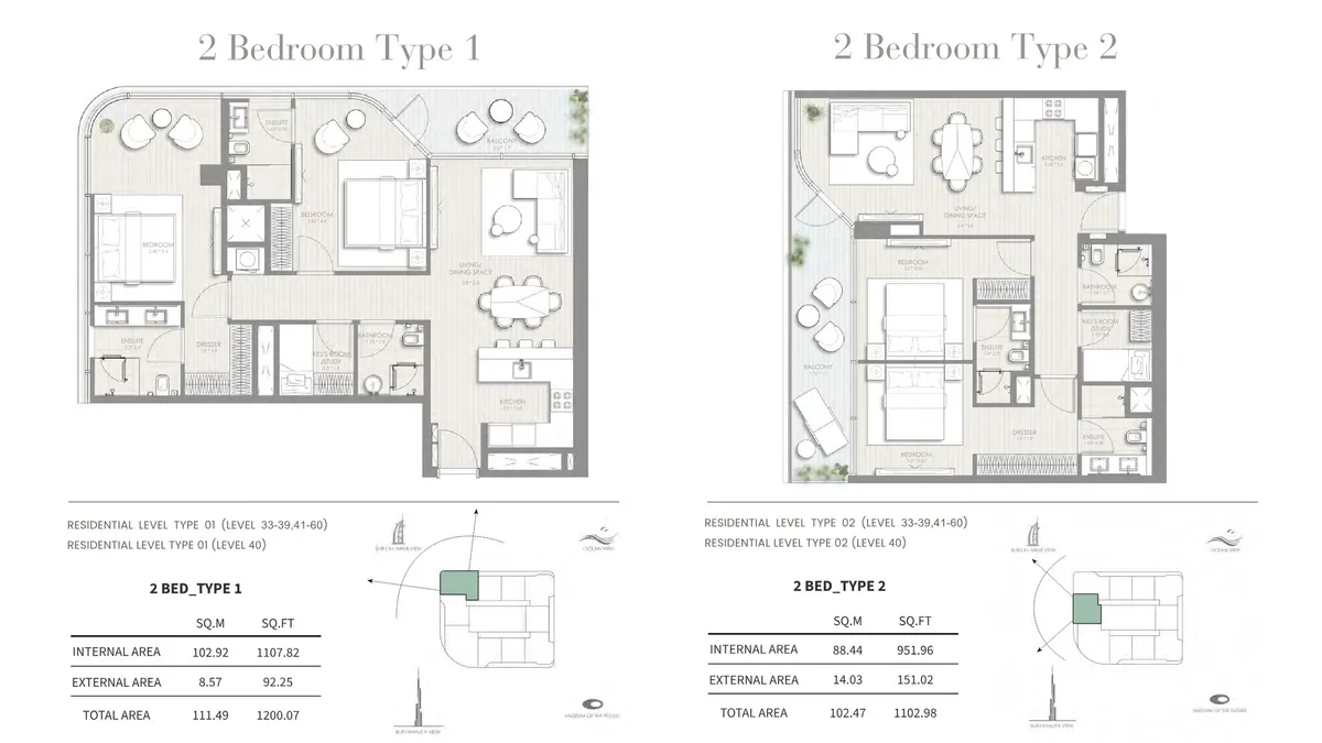 Floor plans: 2 bedrooms, with a kid's room or study